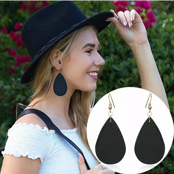 Jewelry - Black Tear Drop Leather Earrings